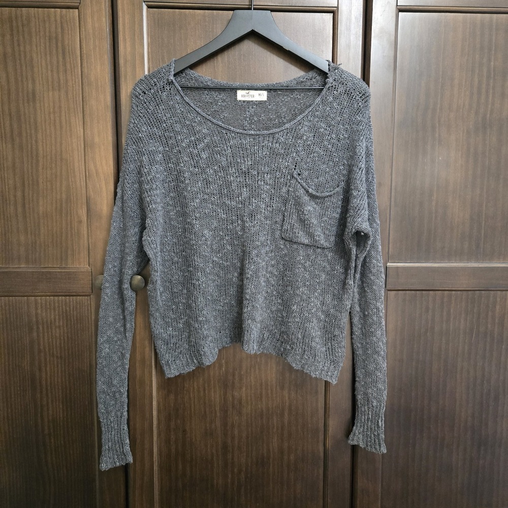Hollister Crop Top Long‎ Sleeve Open Knit Sweater Boat Neck Rolled Hem Grey S/M